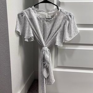 Loft white and dark blue design shell with flutter sleeve and waist tie